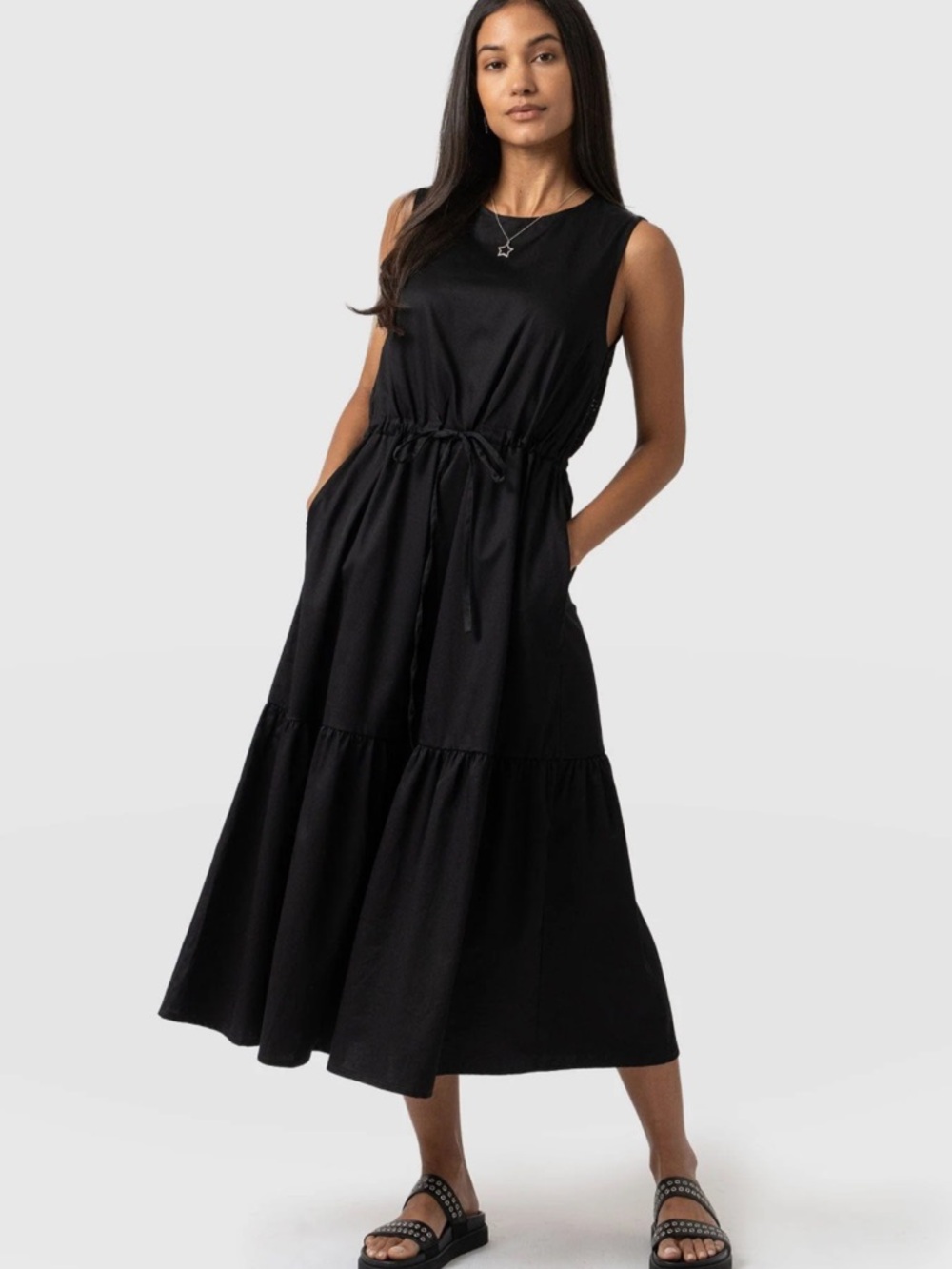 Saint & Sofia Black Broderie Karan Orangic Cotton Drawstring Waist Dress NWOT 16
